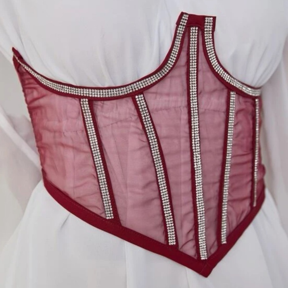 Red Mesh Rhinestone Corset Belt - Picture 2 of 5